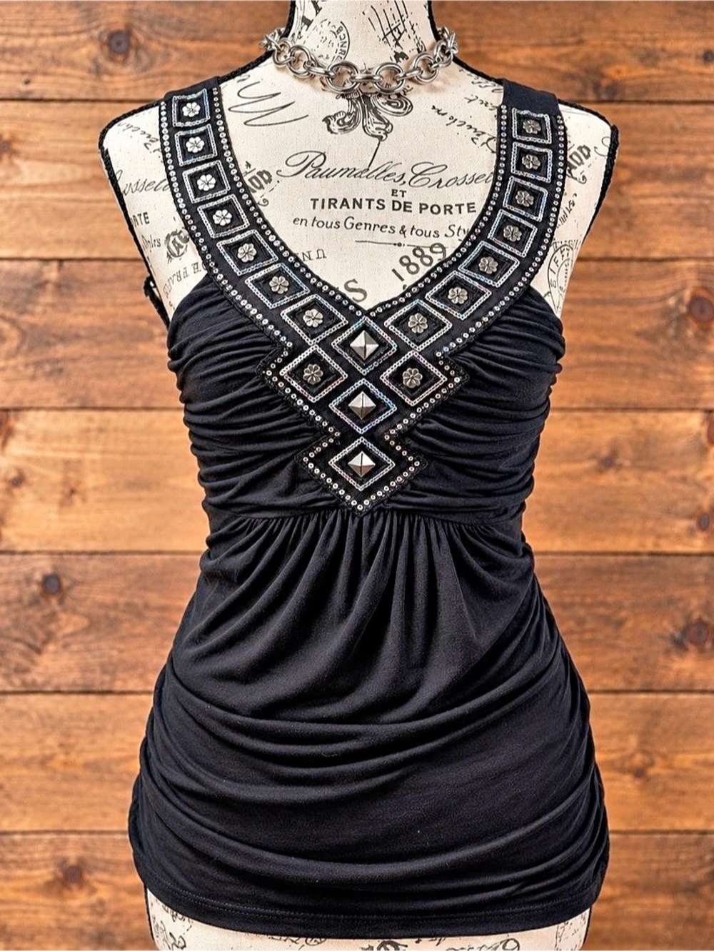Papaya Embellished Ruched Tank Top in Black Size Small